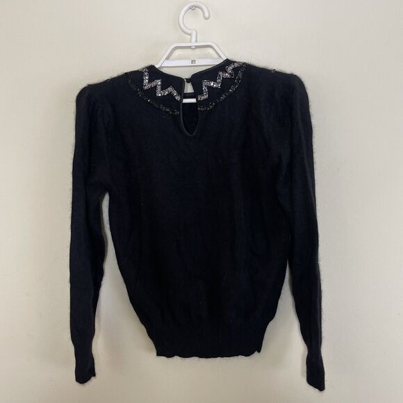 Vtg ANNE KLEIN Women's Black Lambswool Angora Beaded Fuzzy Sweater Secretary - L - Picture 4 of 4